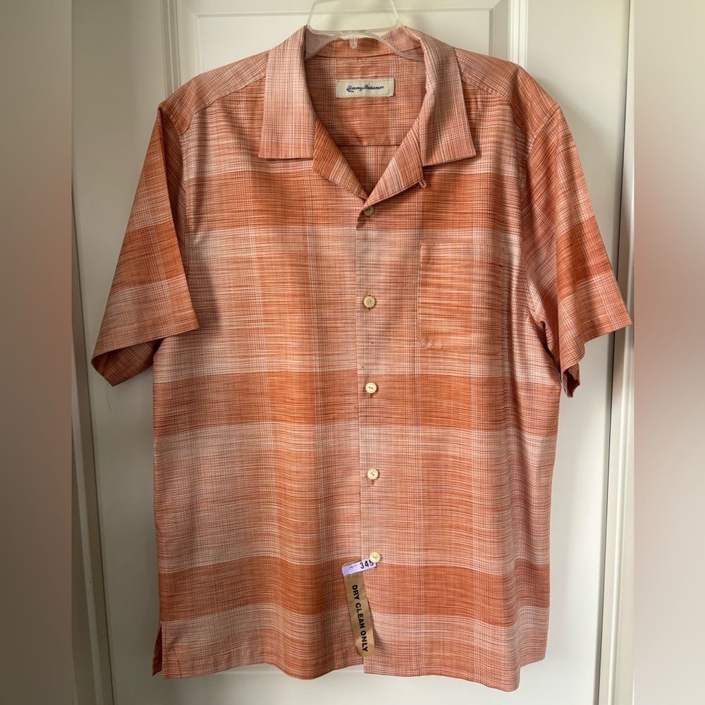 Tommy Bahama Button Down Short Sleeve Shirt, Orange & White, Size L
